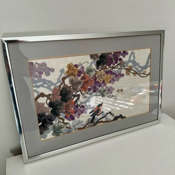 Vintage Grapes And Bird Framed Crewel - Picture 11 of 11